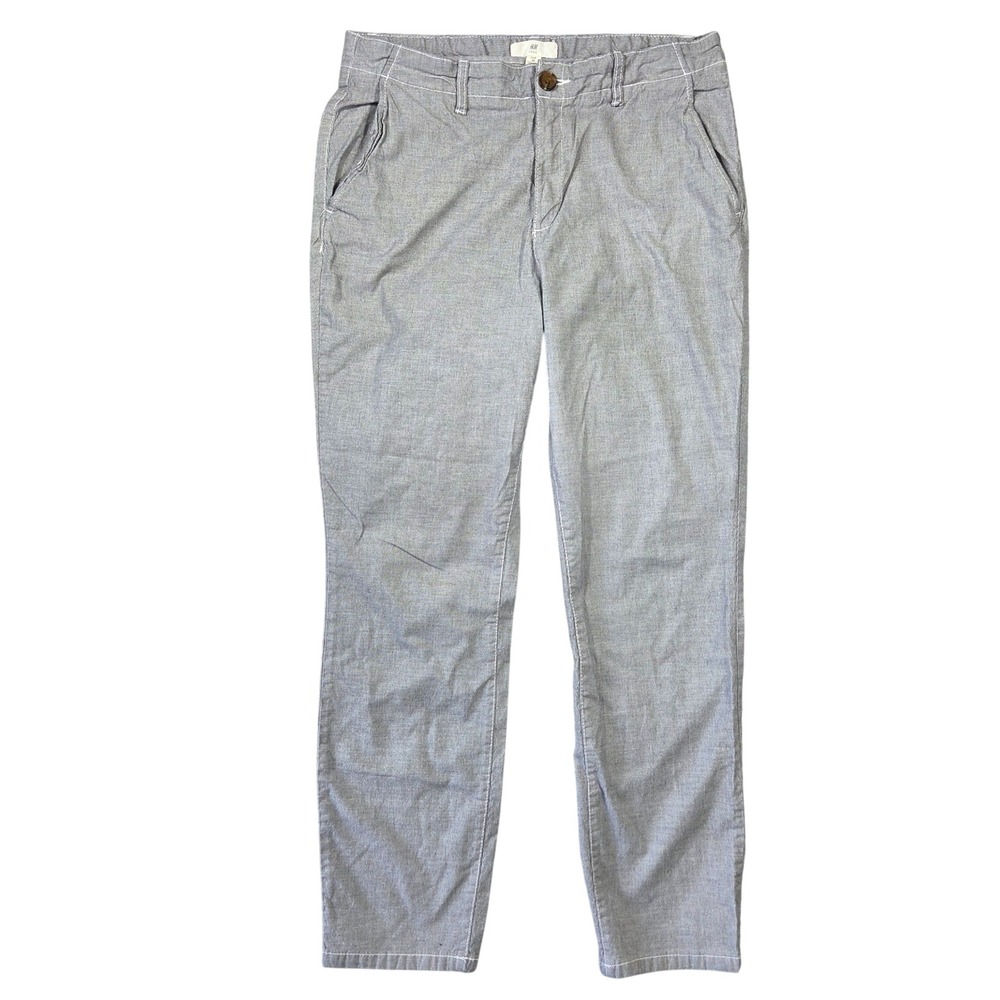 HM LOGG Womens Blue White Micro Check Chino Pants Size 10 Tapered Stretch Cotton